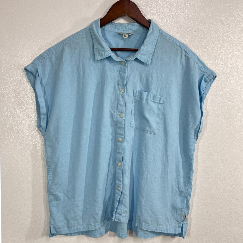 Orvis Linen Blend Button Down Shirt Womens XL Blue Short Sleeve Cuffed Coastal
